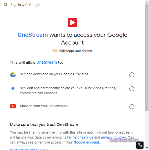 oneStreamLive connect authorise youtube account permissions